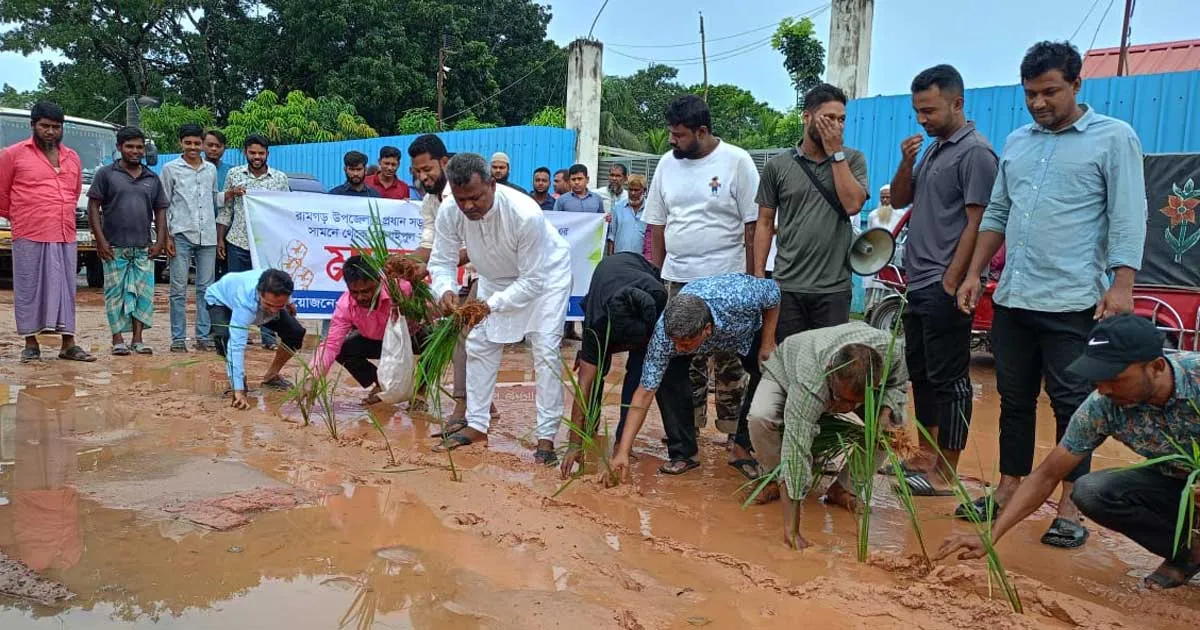 খাগড়াছড়িতে সড়কে ধানের চারা রোপণ করে প্রতিবাদ